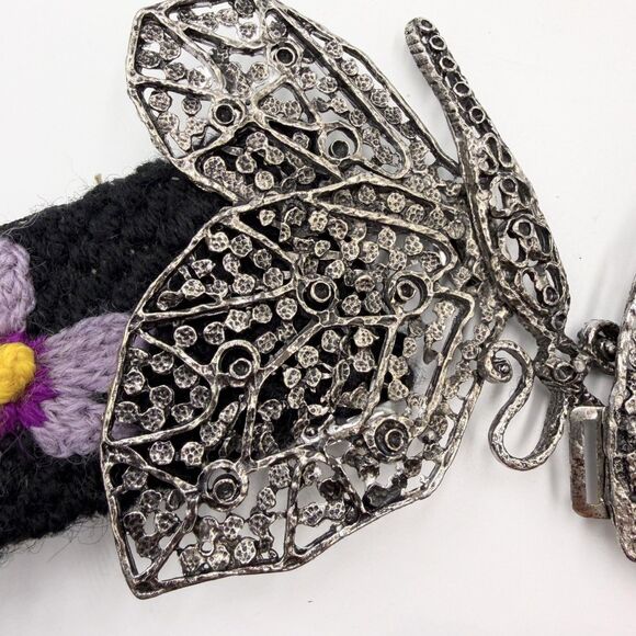 Vintage Embroidered Wool Belt Butterfly Clasp Floral Folk Art Boho 60s 70s
